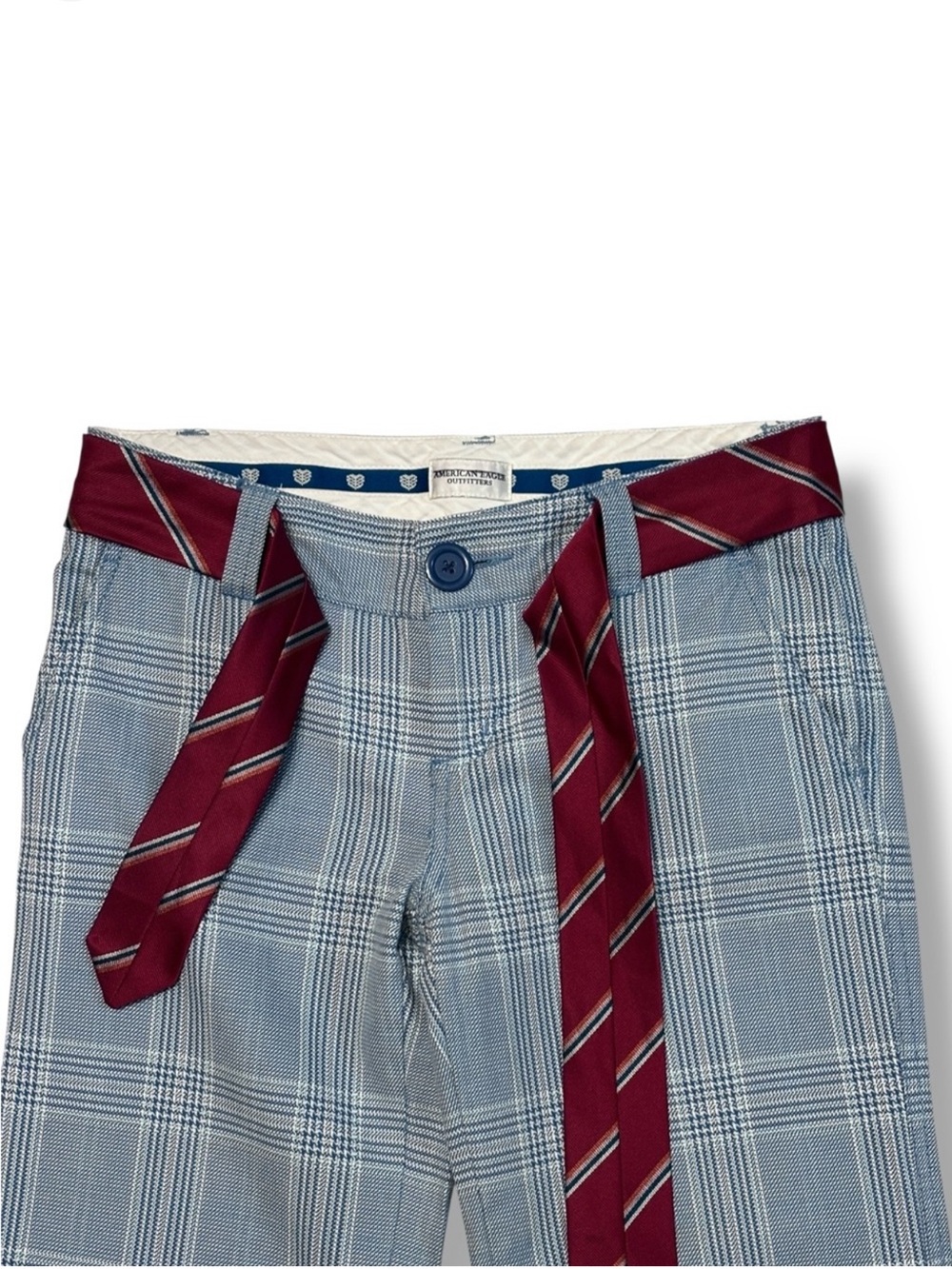 AMERICAN EAGLE OUTFITTERS Low Rise Blue Plaid Capri Pants Tie Sash Belt Y2K - Picture 3 of 9